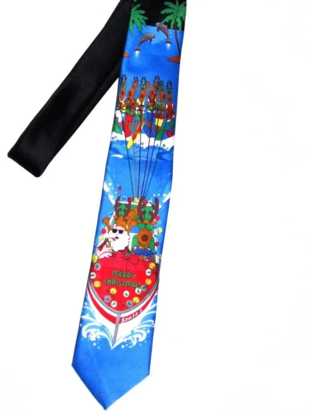 Hallmark Christmas Men's Tie Blue Speedboat Santa Skiing Reindeer Holiday